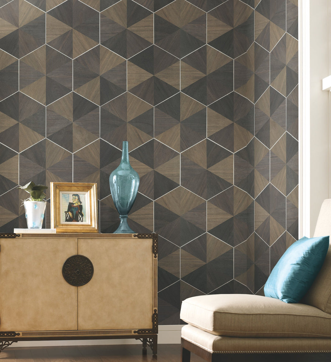 Hexagram Wood Veneer Brown & Black Wallpaper by Ronald Redding Designer