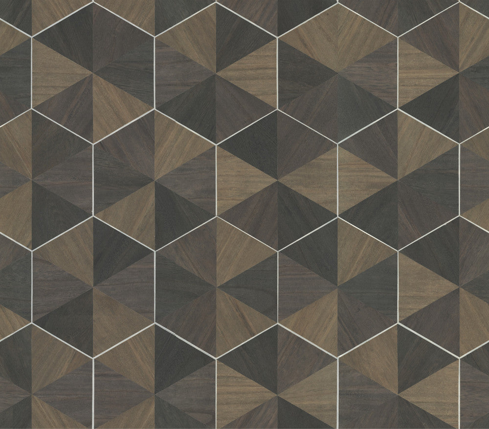 Hexagram Wood Veneer Brown & Black Wallpaper by Ronald Redding Traveler Covers about 72 square feet 36-in by 24-ft long roll Unpasted 12 - Fabric Carolina -