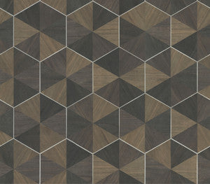 Hexagram Wood Veneer Brown & Black Wallpaper by Ronald Redding