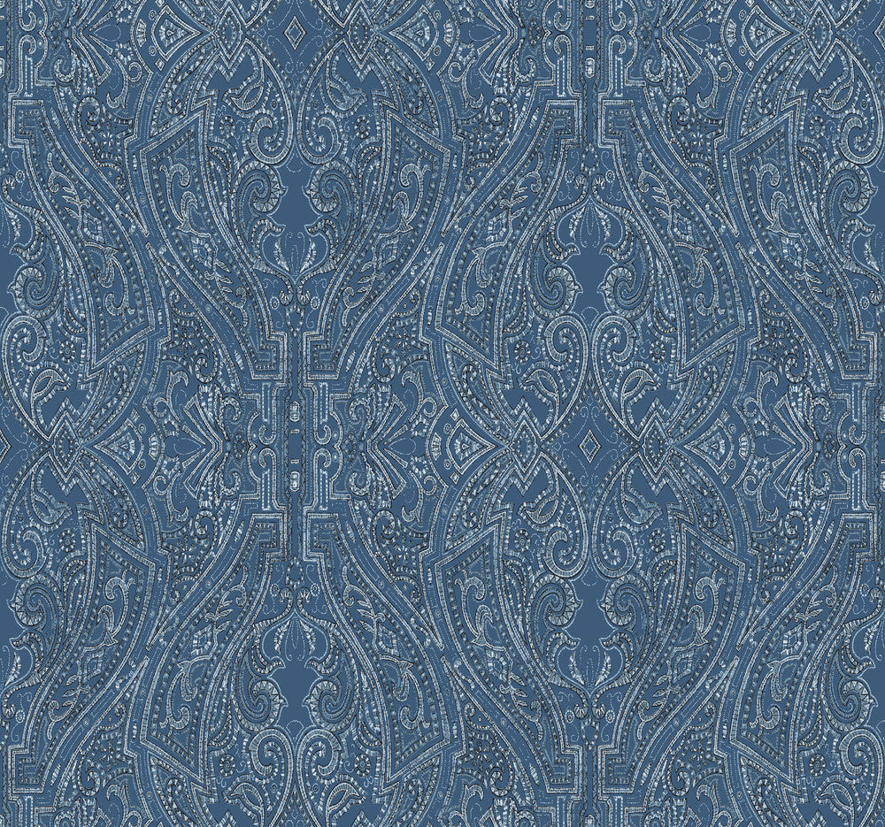 Ascot Damask Blue Wallpaper by Ronald Redding Traveler Covers about 60.8 square feet 27-in by 27-ft long roll Unpasted 25.25 - Fabric Carolina -