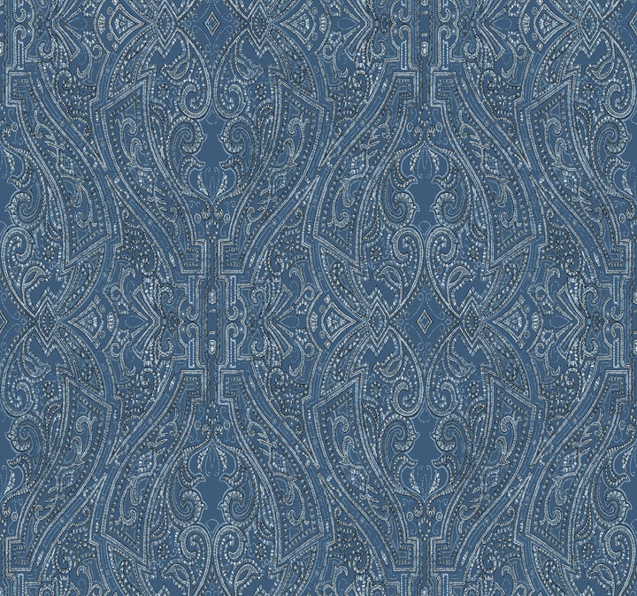 Ascot Damask Blue Wallpaper by Ronald Redding Traveler Covers about 60.8 square feet 27-in by 27-ft long roll Unpasted 25.25 - Fabric Carolina -