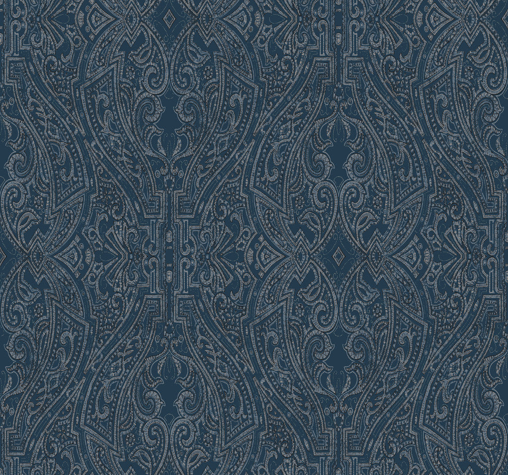 Ascot Damask Dark Blue Wallpaper by Ronald Redding Traveler Covers about 60.8 square feet 27-in by 27-ft long roll Unpasted 25.25 - Fabric Carolina -