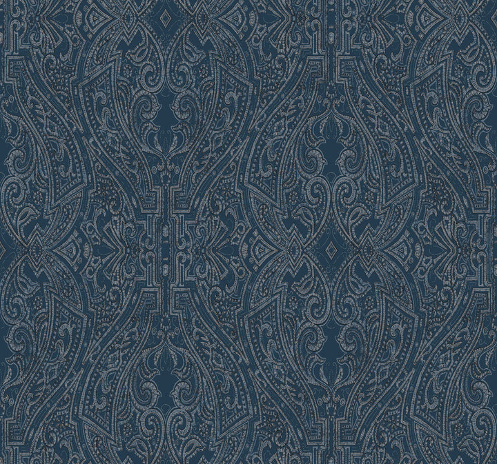 Ascot Damask Dark Blue Wallpaper by Ronald Redding Traveler Covers about 60.8 square feet 27-in by 27-ft long roll Unpasted 25.25 - Fabric Carolina -