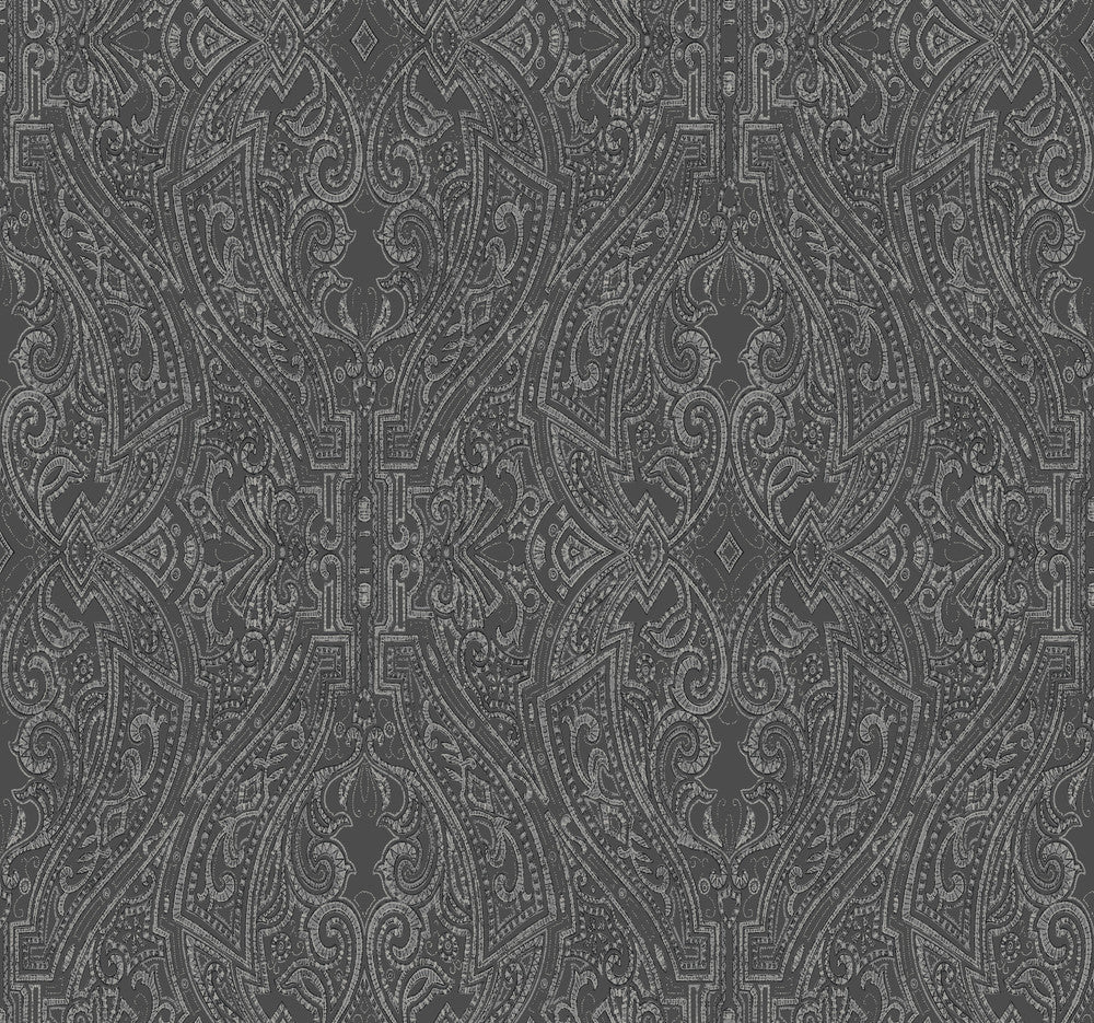 Ascot Damask Black Wallpaper by Ronald Redding Traveler Covers about 60.8 square feet 27-in by 27-ft long roll Unpasted 25.25 - Fabric Carolina -