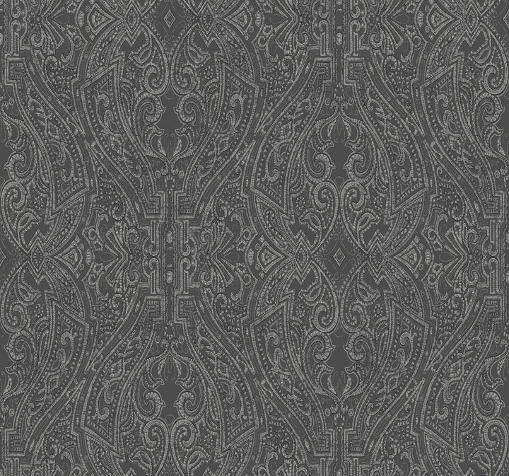Ascot Damask Black Wallpaper by Ronald Redding Traveler Covers about 60.8 square feet 27-in by 27-ft long roll Unpasted 25.25 - Fabric Carolina -