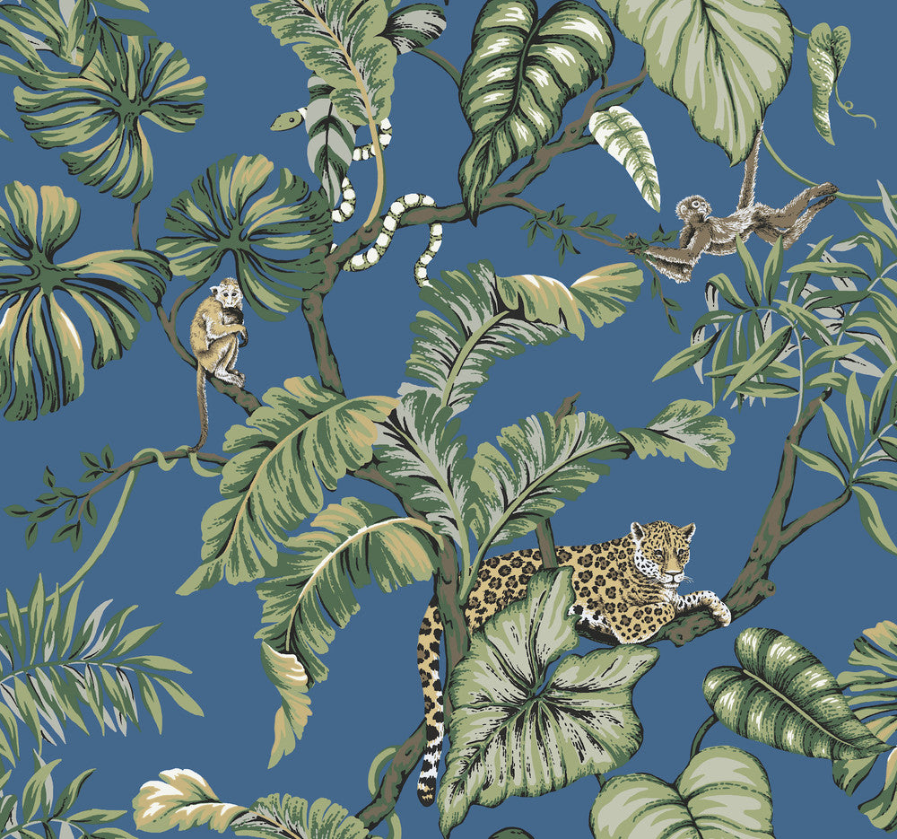 Jungle Cat Blue Wallpaper by Ronald Redding Traveler Covers about 60.8 square feet 27-in by 27-ft long roll Unpasted 25.25 - Fabric Carolina -