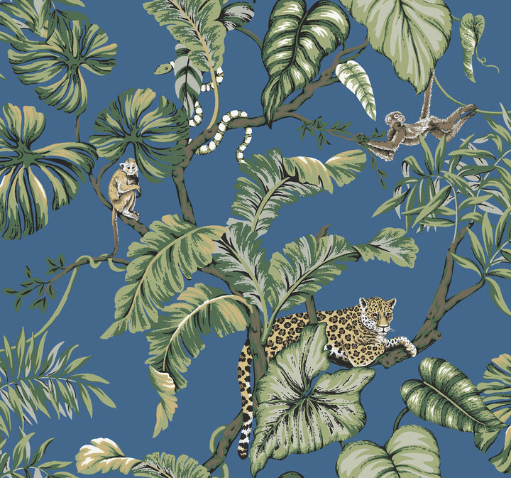 Jungle Cat Blue Wallpaper by Ronald Redding Traveler Covers about 60.8 square feet 27-in by 27-ft long roll Unpasted 25.25 - Fabric Carolina -