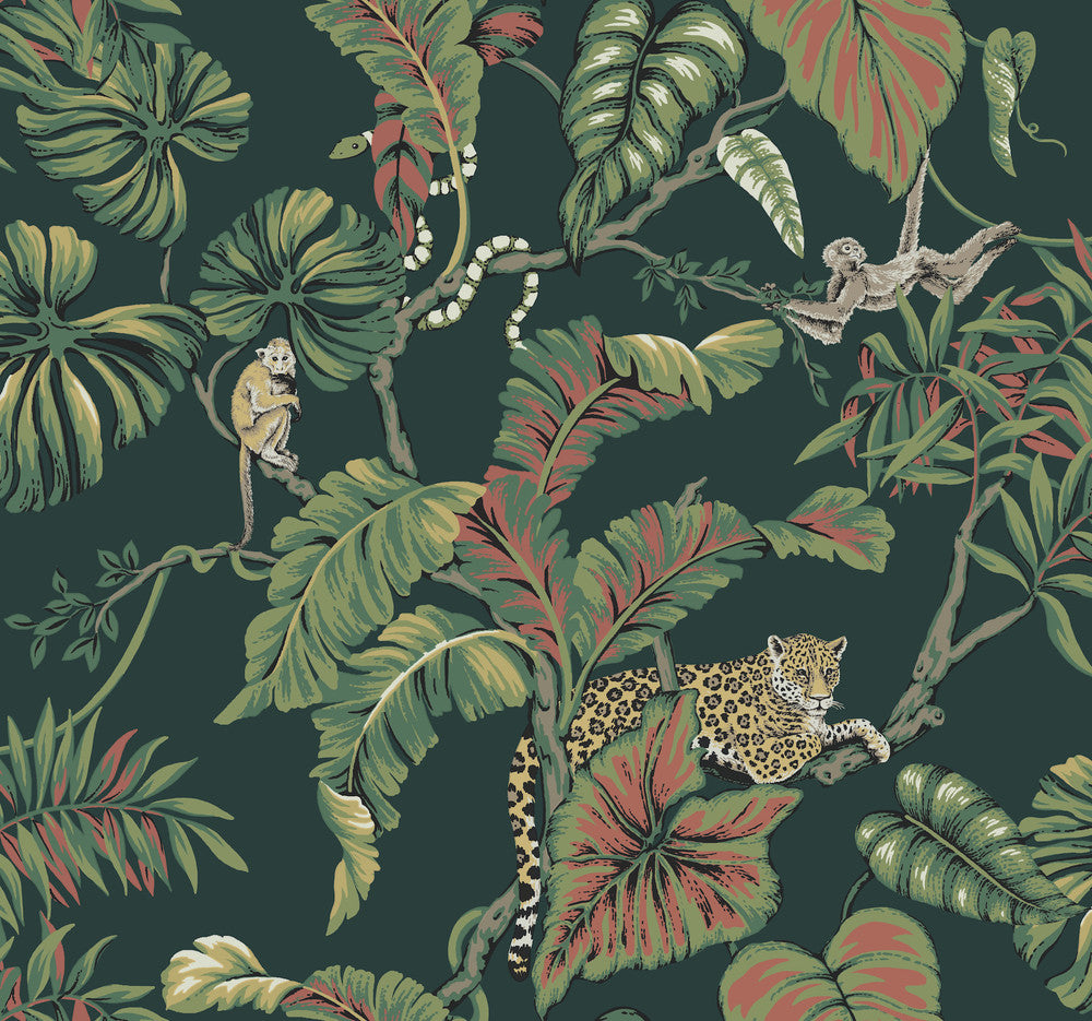 Jungle Cat Dark Green Wallpaper by Ronald Redding Traveler Covers about 60.8 square feet 27-in by 27-ft long roll Unpasted 25.25 - Fabric Carolina -