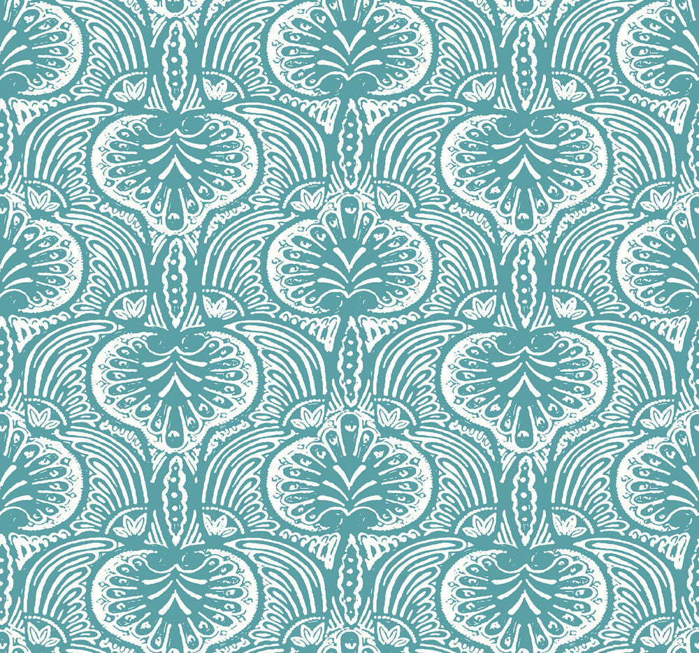 Lotus Palm Aqua Wallpaper by Ronald Redding Traveler Covers about 60.8 square feet 27-in by 27-ft long roll Unpasted 25.25 - Fabric Carolina -