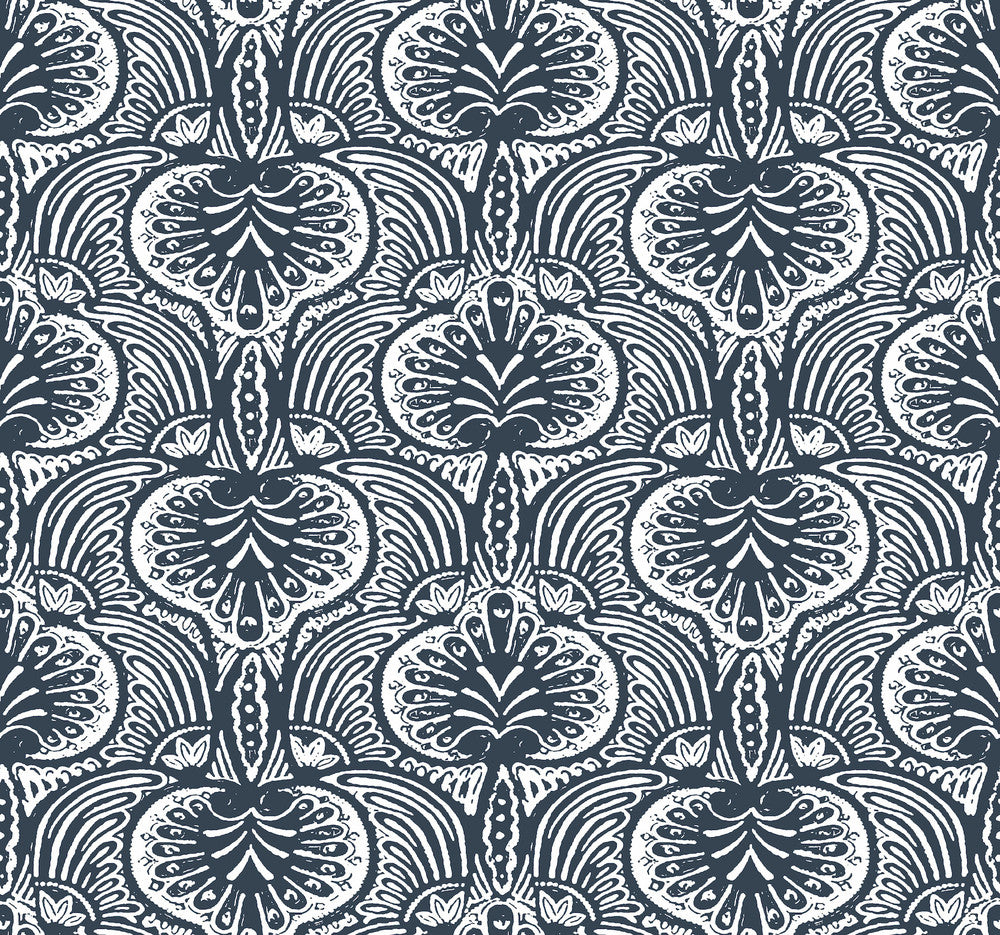Lotus Palm Navy Wallpaper by Ronald Redding Traveler Covers about 60.8 square feet 27-in by 27-ft long roll Unpasted 25.25 - Fabric Carolina -