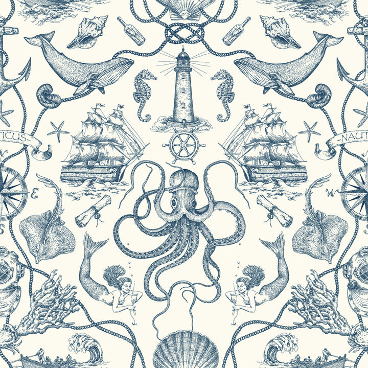Deep Sea Toile Blue Wallpaper by York Wallcoverings Tailored Covers about 56.4 square feet 20.5-in by 33-ft long roll Prepasted 20.5 - Fabric Carolina -