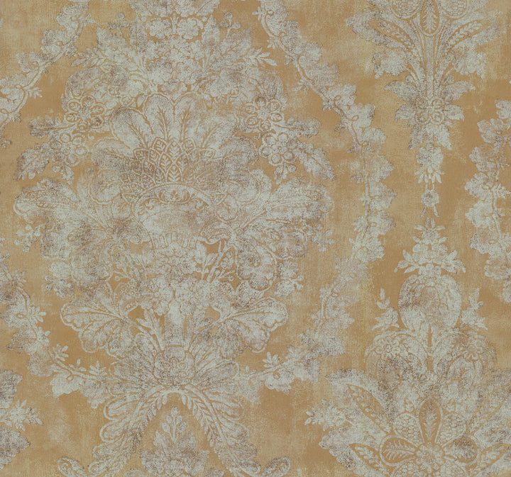 Charleston Damask Yellow Wallpaper by Ronald Redding 24 Karat Covers about 60.8 square feet 27-in by 27-ft long roll Unpasted 25.25 - Fabric Carolina -