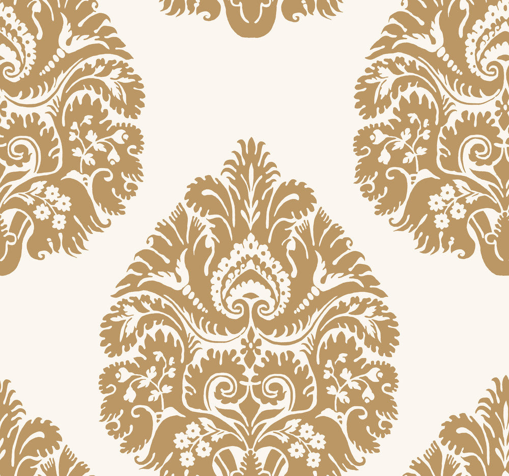 Teardrop Damask Gold Wallpaper by Ronald Redding 24 Karat Covers about 60.8 square feet 27-in by 27-ft long roll Unpasted 25.25 - Fabric Carolina -