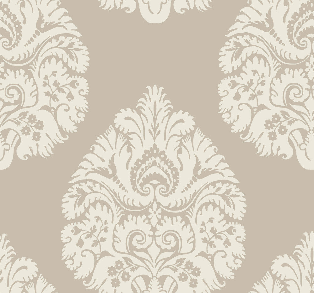Teardrop Damask Beige Wallpaper by Ronald Redding 24 Karat Covers about 60.8 square feet 27-in by 27-ft long roll Unpasted 25.25 - Fabric Carolina -