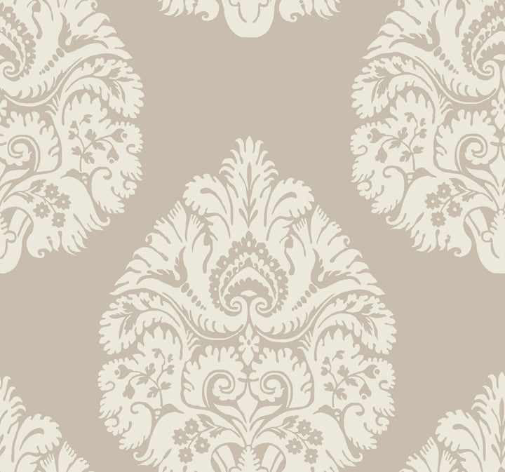 Teardrop Damask Beige Wallpaper by Ronald Redding 24 Karat Covers about 60.8 square feet 27-in by 27-ft long roll Unpasted 25.25 - Fabric Carolina -