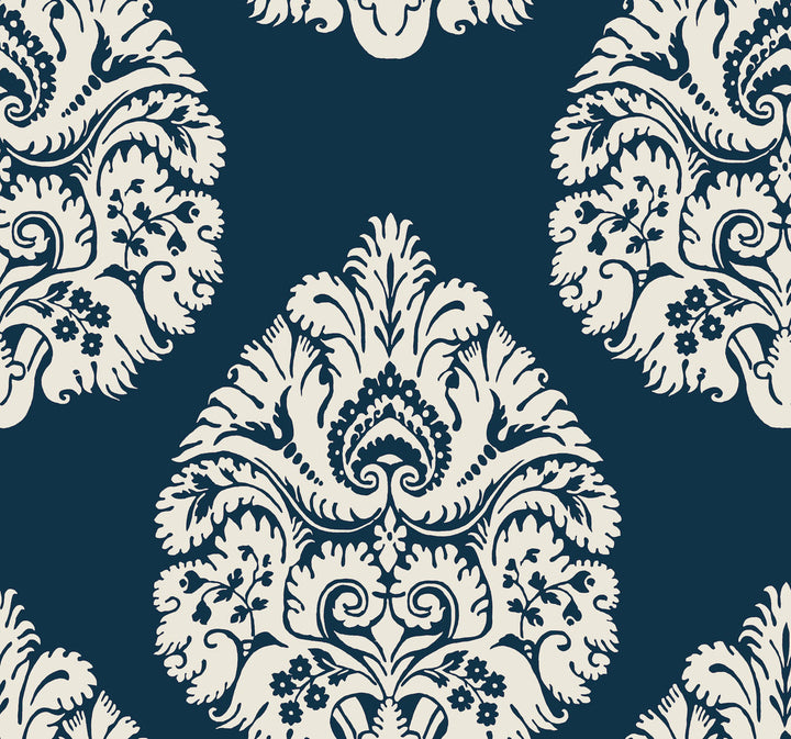 Teardrop Damask Navy Wallpaper by Ronald Redding 24 Karat Covers about 60.8 square feet 27-in by 27-ft long roll Unpasted 25.25 - Fabric Carolina -