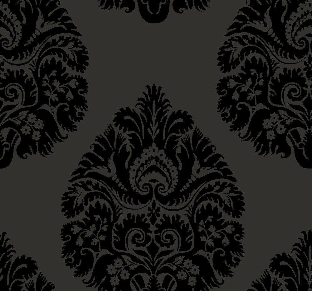 Teardrop Damask Black Wallpaper by Ronald Redding 24 Karat Covers about 60.8 square feet 27-in by 27-ft long roll Unpasted 25.25 - Fabric Carolina -