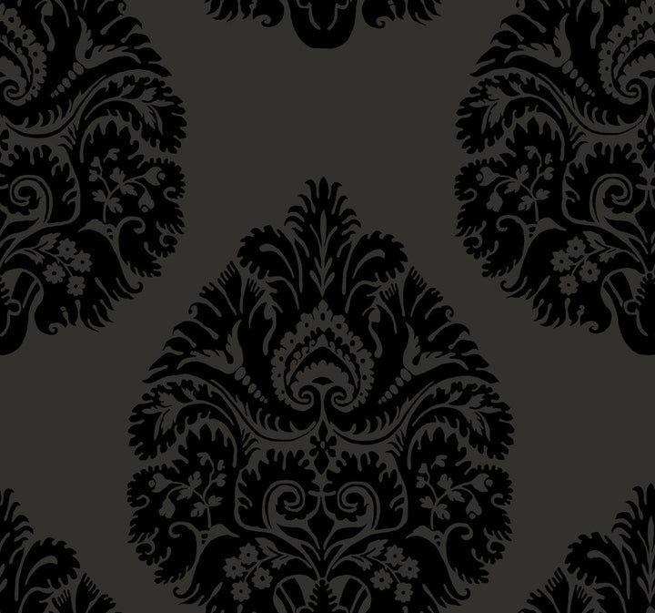 Teardrop Damask Black Wallpaper by Ronald Redding 24 Karat Covers about 60.8 square feet 27-in by 27-ft long roll Unpasted 25.25 - Fabric Carolina -