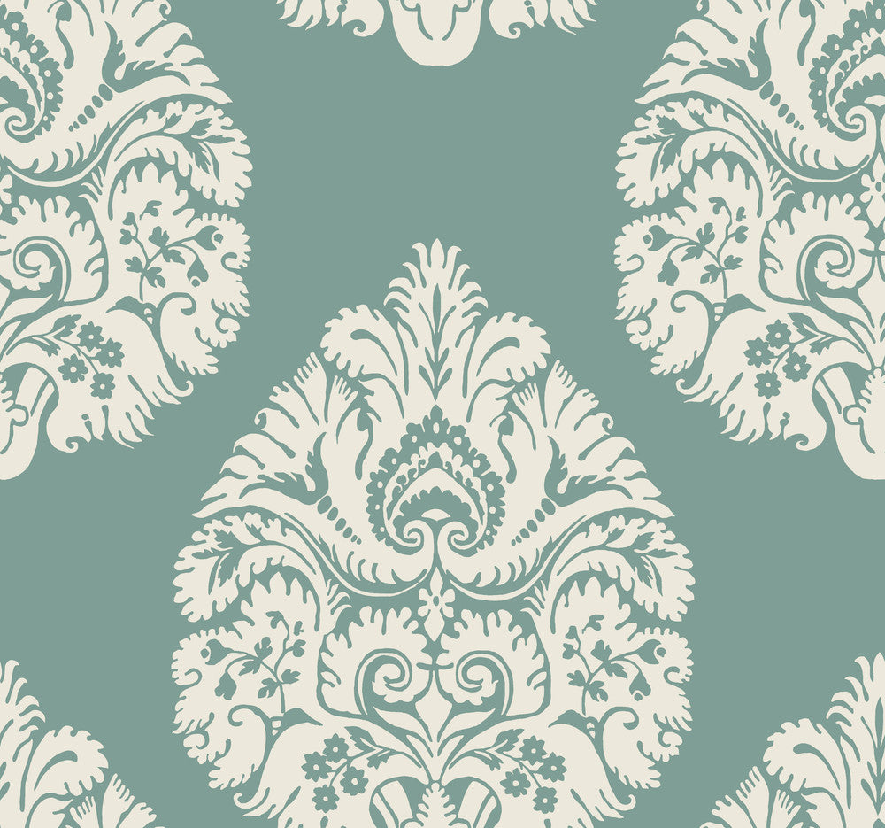 Teardrop Damask Teal Wallpaper by Ronald Redding 24 Karat Covers about 60.8 square feet 27-in by 27-ft long roll Unpasted 25.25 - Fabric Carolina -