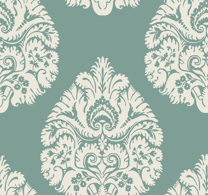 Teardrop Damask Teal Wallpaper by Ronald Redding 24 Karat Covers about 60.8 square feet 27-in by 27-ft long roll Unpasted 25.25 - Fabric Carolina -