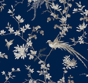 Bird & Blossom Chinoserie Blue Wallpaper by Ronald Redding