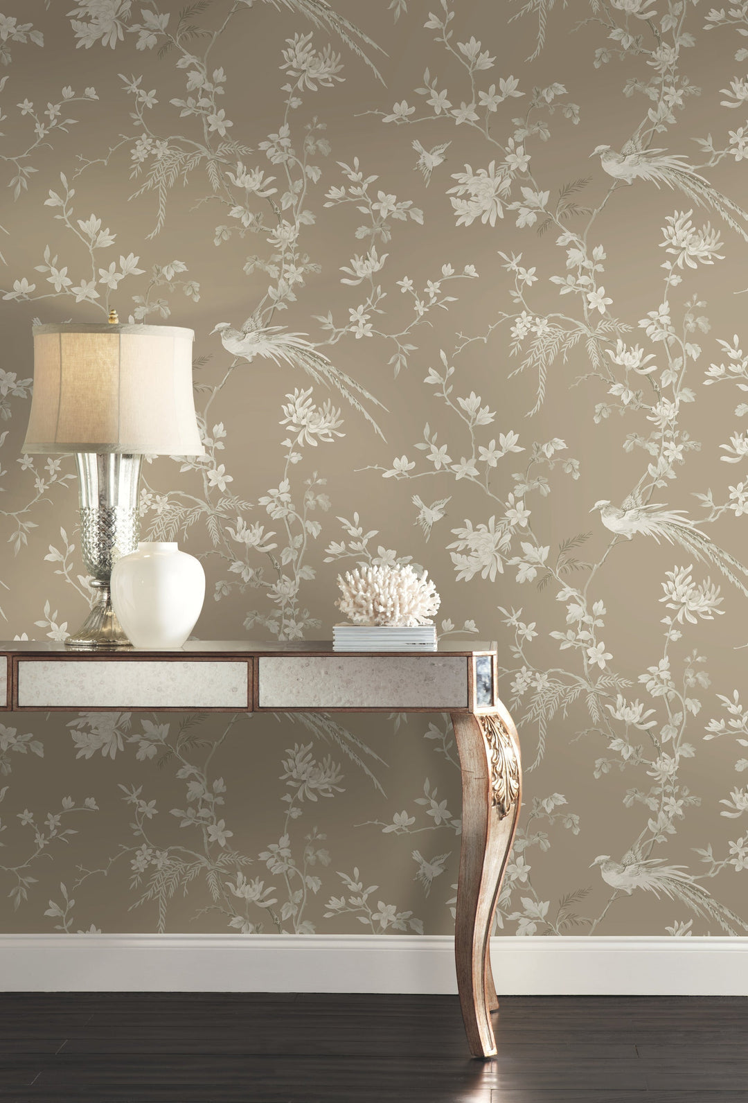 Bird & Blossom Chinoserie Brown Wallpaper by Ronald Redding Designer