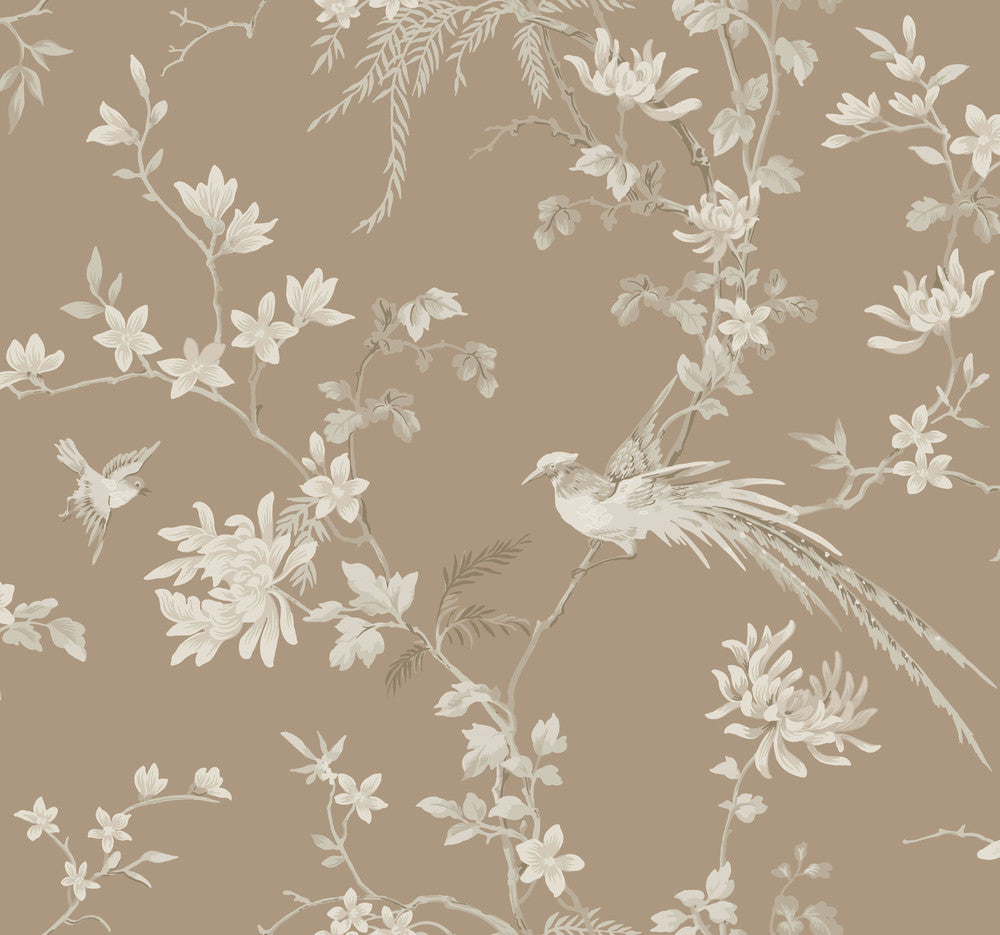 Bird & Blossom Chinoserie Brown Wallpaper by Ronald Redding 24 Karat Covers about 60.8 square feet 27-in by 27-ft long roll Unpasted 25.25 - Fabric Carolina -