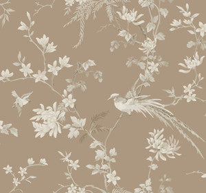 Bird & Blossom Chinoserie Brown Wallpaper by Ronald Redding