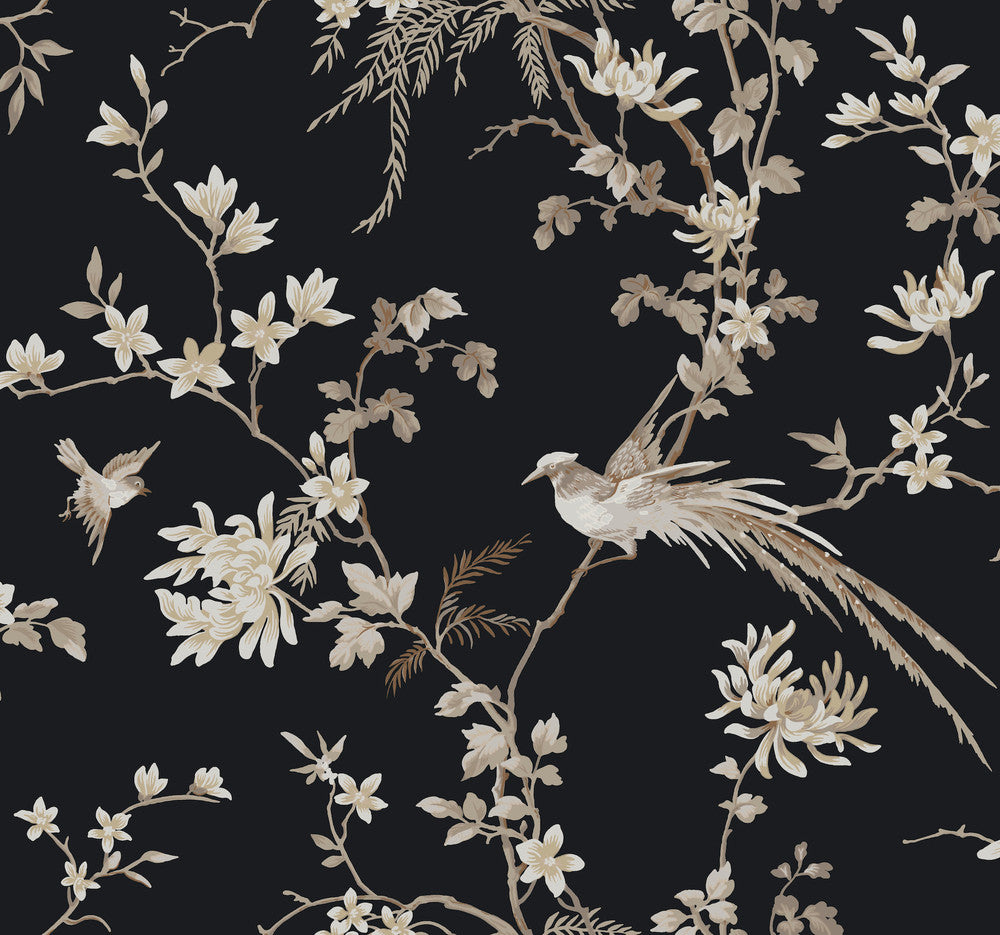 Bird & Blossom Chinoserie Black Wallpaper by Ronald Redding 24 Karat Covers about 60.8 square feet 27-in by 27-ft long roll Unpasted 25.25 - Fabric Carolina -