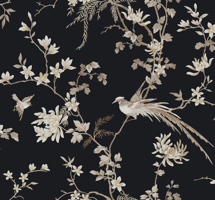 Bird & Blossom Chinoserie Black Wallpaper by Ronald Redding 24 Karat Covers about 60.8 square feet 27-in by 27-ft long roll Unpasted 25.25 - Fabric Carolina -