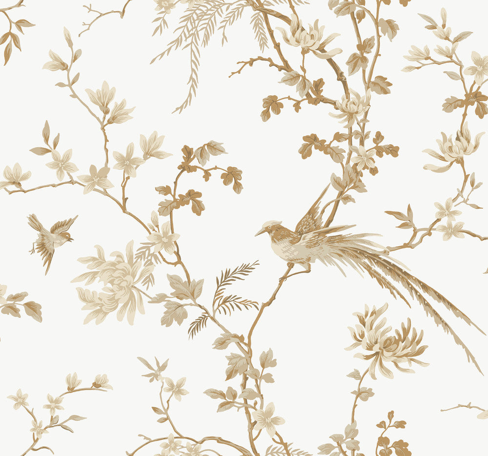 Bird & Blossom Chinoserie White & Gold Wallpaper by Ronald Redding 24 Karat Covers about 60.8 square feet 27-in by 27-ft long roll Unpasted 25.25 - Fabric Carolina -