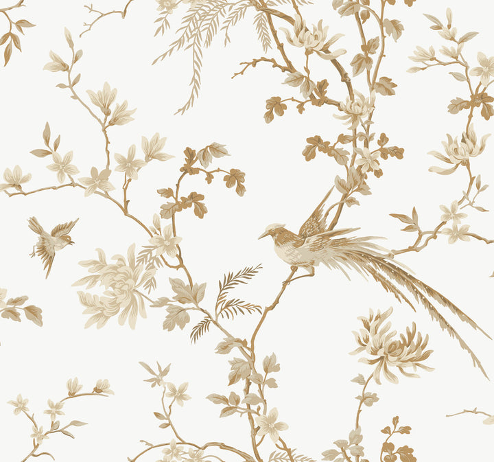 Bird & Blossom Chinoserie White & Gold Wallpaper by Ronald Redding 24 Karat Covers about 60.8 square feet 27-in by 27-ft long roll Unpasted 25.25 - Fabric Carolina -