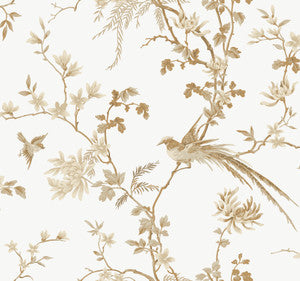 Bird & Blossom Chinoserie White & Gold Wallpaper by Ronald Redding