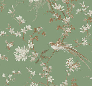 Bird & Blossom Chinoserie Green Wallpaper by Ronald Redding