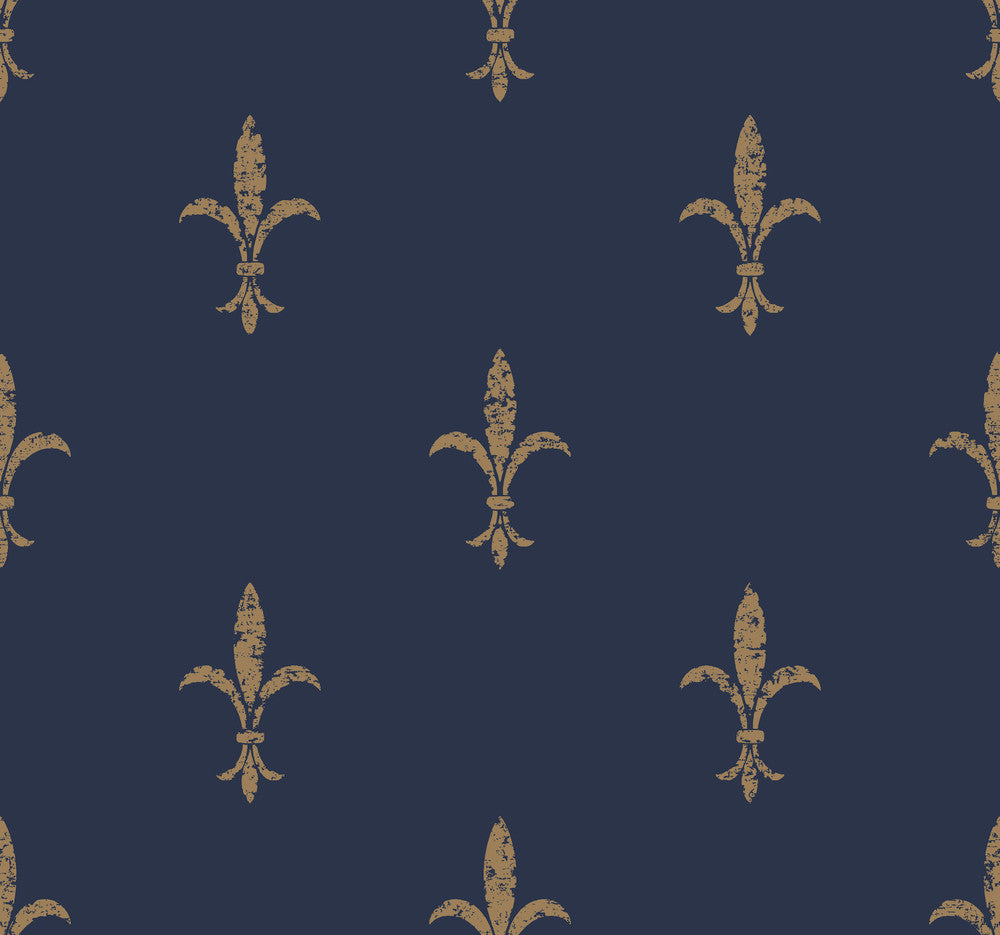Fleur De Lis Navy & Gold Wallpaper by Ronald Redding 24 Karat Covers about 60.8 square feet 27-in by 27-ft long roll Unpasted 25.25 - Fabric Carolina -