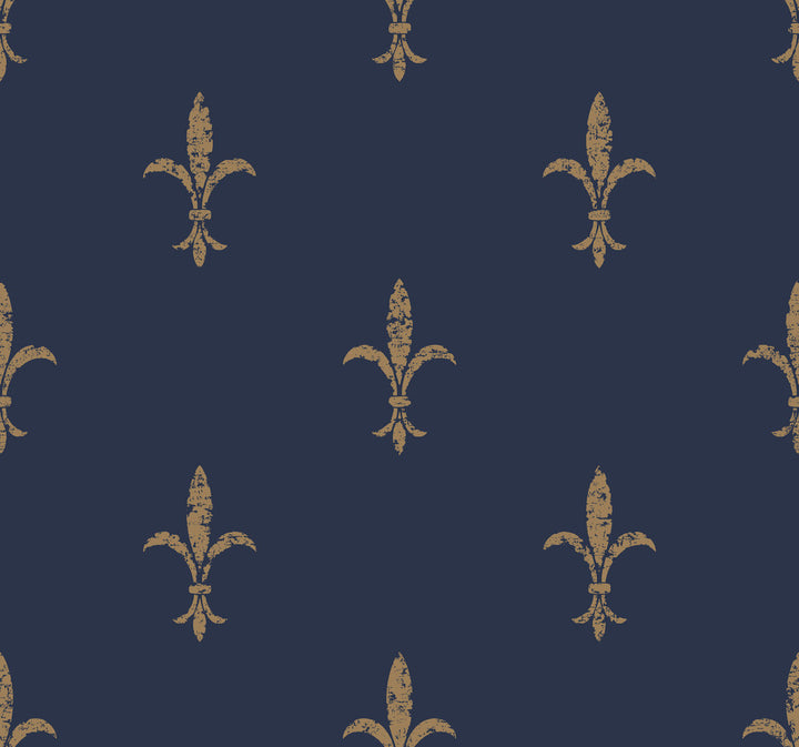 Fleur De Lis Navy & Gold Wallpaper by Ronald Redding 24 Karat Covers about 60.8 square feet 27-in by 27-ft long roll Unpasted 25.25 - Fabric Carolina -