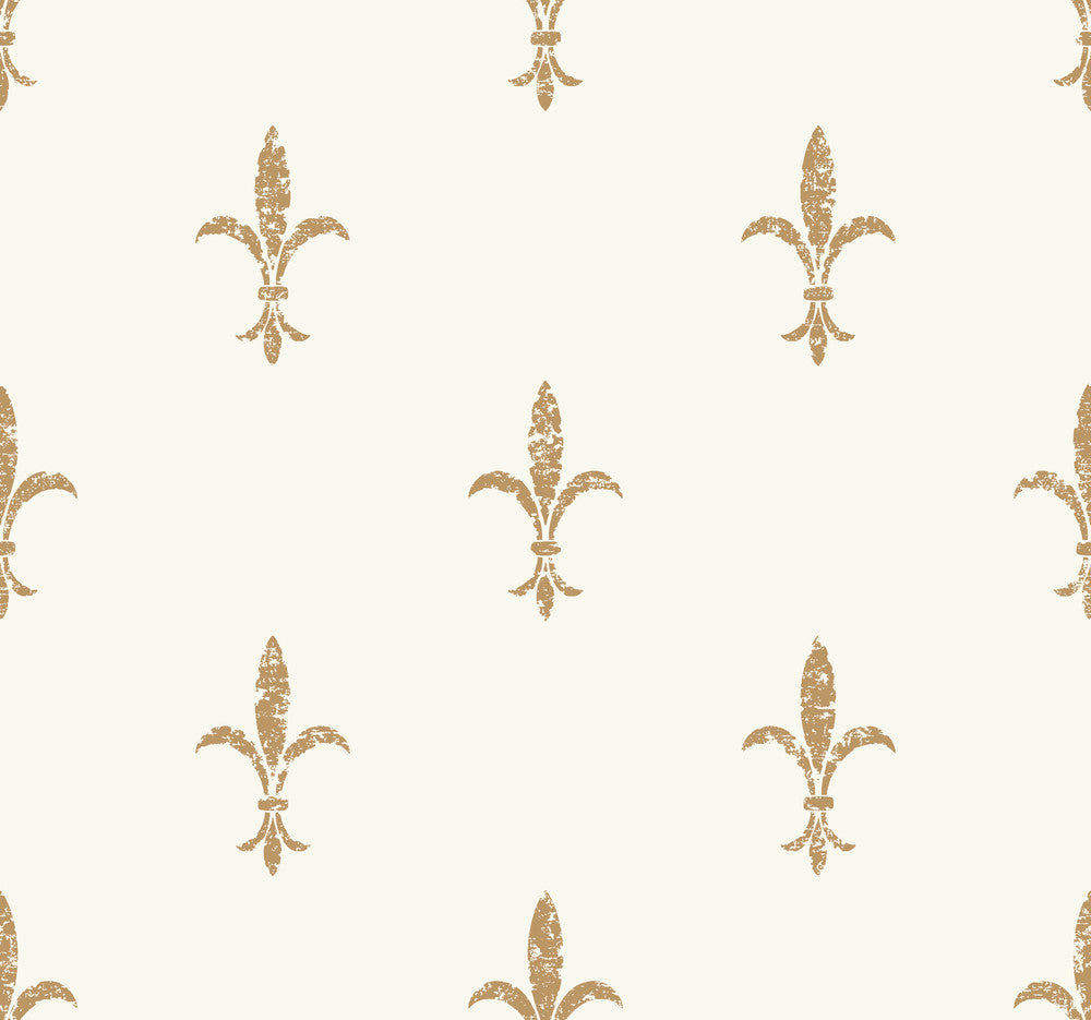 Fleur De Lis White & Gold Wallpaper by Ronald Redding 24 Karat Covers about 60.8 square feet 27-in by 27-ft long roll Unpasted 25.25 - Fabric Carolina -