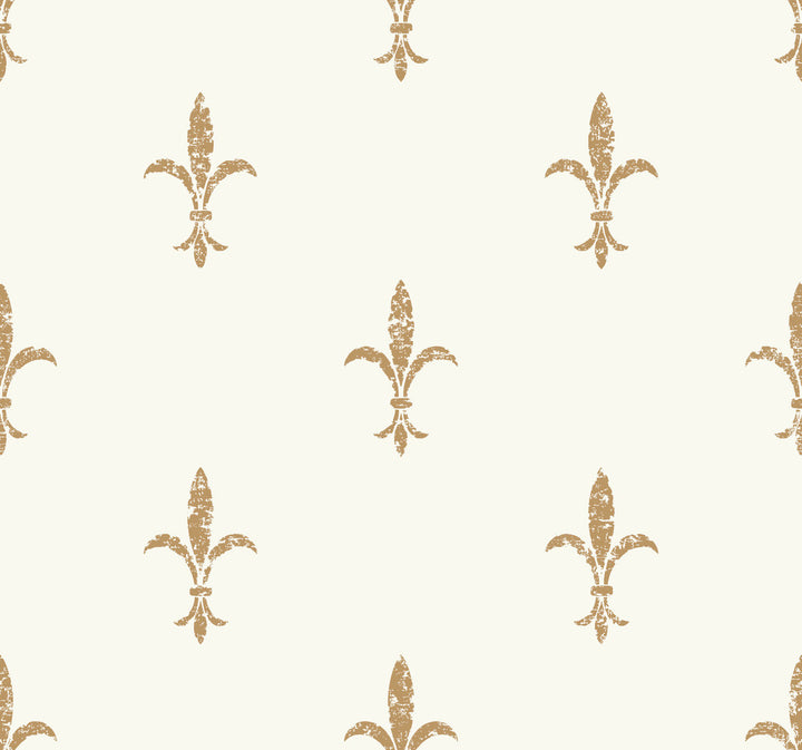 Fleur De Lis White & Gold Wallpaper by Ronald Redding 24 Karat Covers about 60.8 square feet 27-in by 27-ft long roll Unpasted 25.25 - Fabric Carolina -
