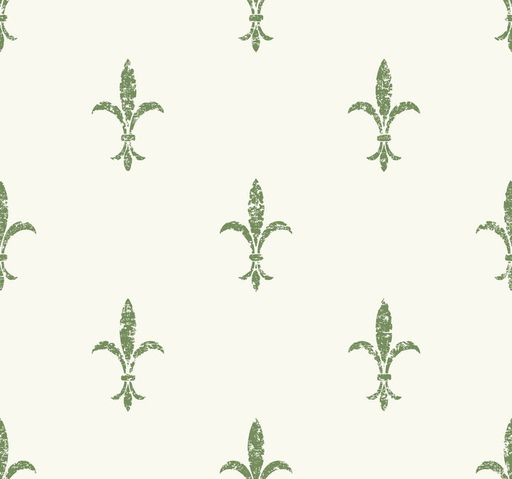 Fleur De Lis White & Green Wallpaper by Ronald Redding 24 Karat Covers about 60.8 square feet 27-in by 27-ft long roll Unpasted 25.25 - Fabric Carolina -