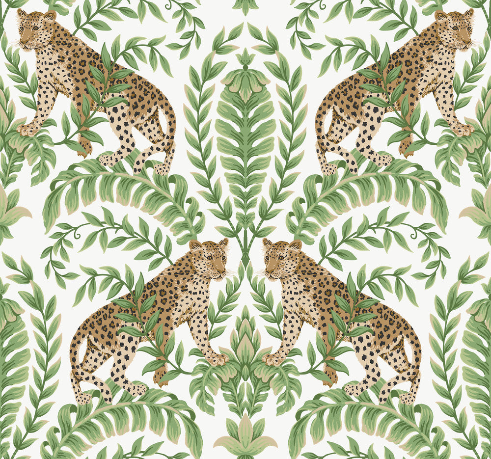 Jungle Leopard White & Green Wallpaper by Ronald Redding 24 Karat Covers about 60.8 square feet 27-in by 27-ft long roll Unpasted 25.25 - Fabric Carolina -