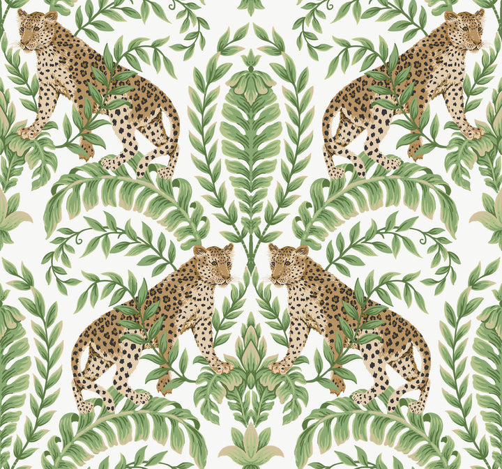 Jungle Leopard White & Green Wallpaper by Ronald Redding 24 Karat Covers about 60.8 square feet 27-in by 27-ft long roll Unpasted 25.25 - Fabric Carolina -