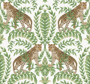 Jungle Leopard White & Green Wallpaper by Ronald Redding