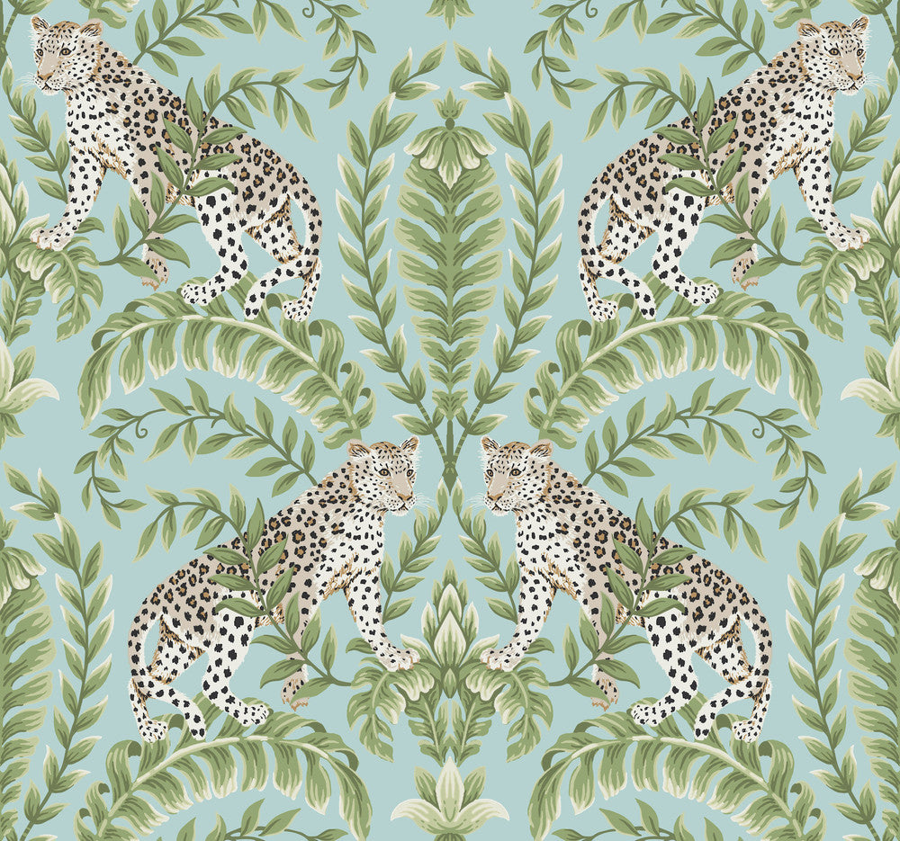 Jungle Leopard Teal Wallpaper by Ronald Redding 24 Karat Covers about 60.8 square feet 27-in by 27-ft long roll Unpasted 25.25 - Fabric Carolina -
