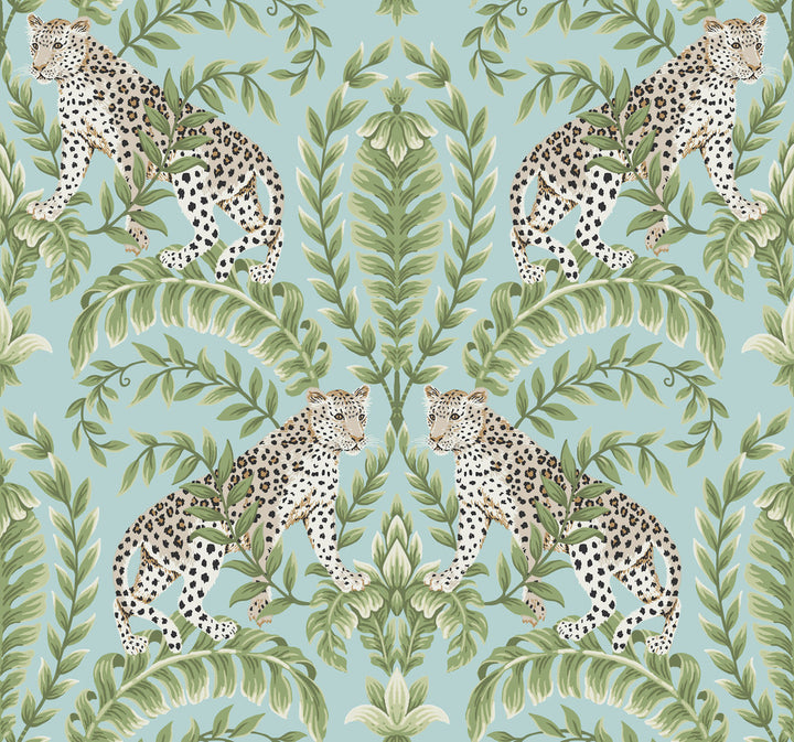 Jungle Leopard Teal Wallpaper by Ronald Redding 24 Karat Covers about 60.8 square feet 27-in by 27-ft long roll Unpasted 25.25 - Fabric Carolina -