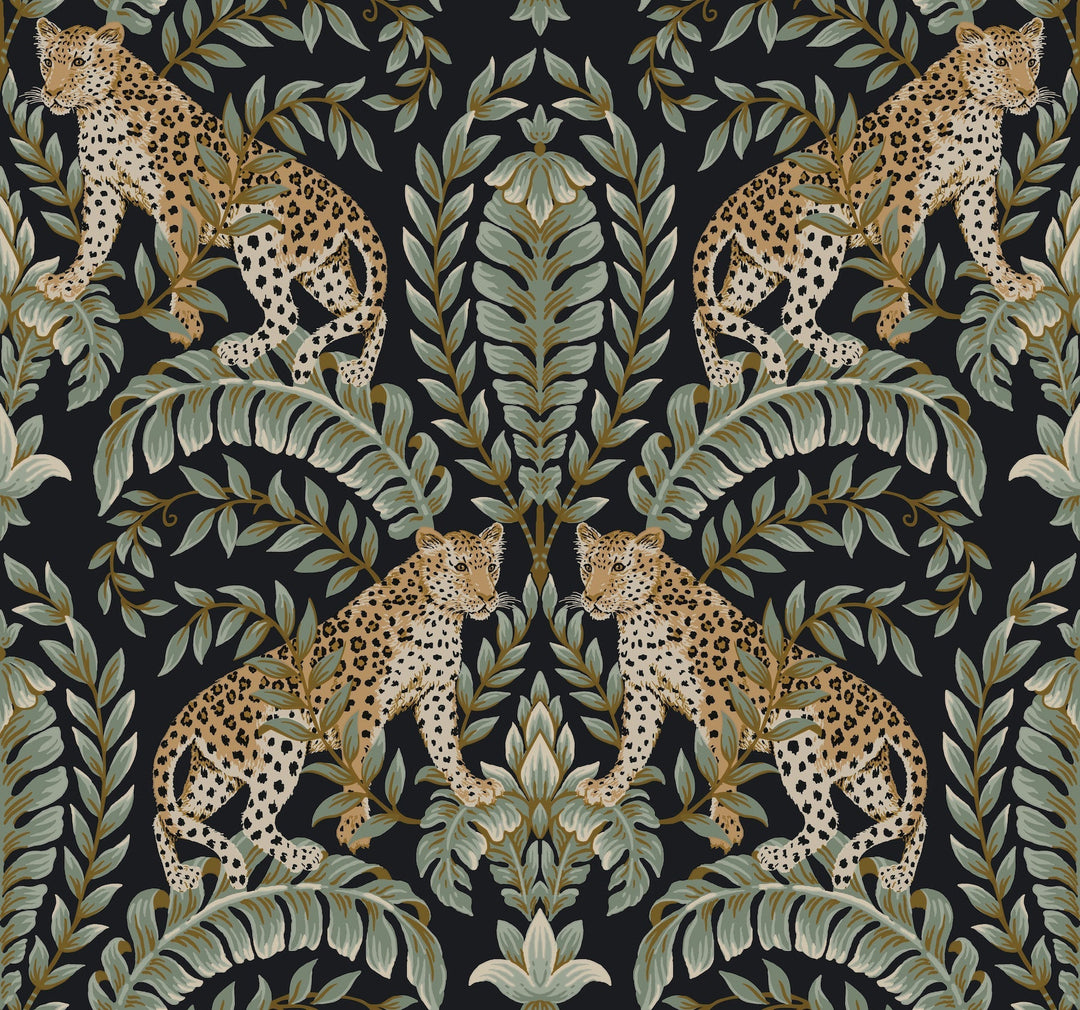 Jungle Leopard Black & Green Wallpaper by Ronald Redding Designer