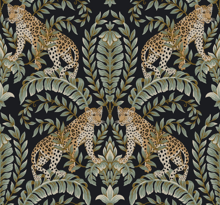 Jungle Leopard Black & Green Wallpaper by Ronald Redding Designer