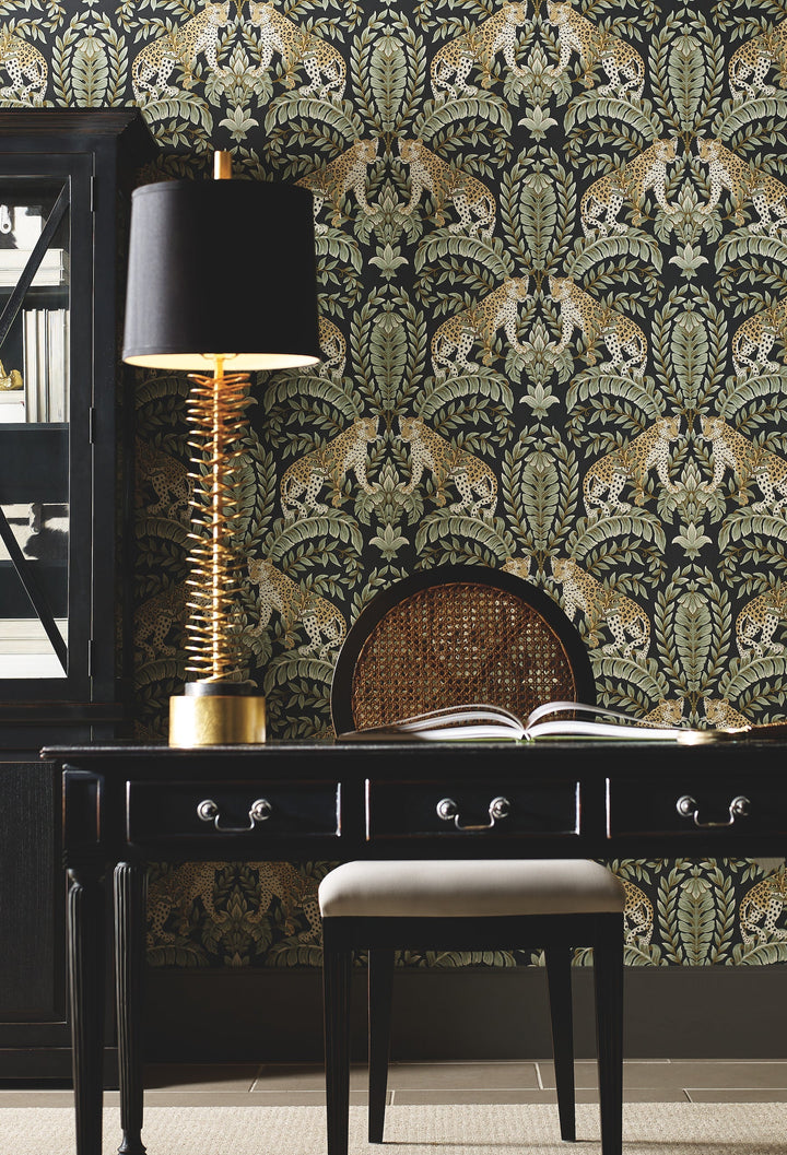 Jungle Leopard Black & Green Wallpaper by Ronald Redding Designer