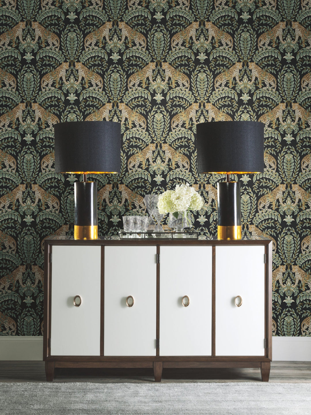 Jungle Leopard Black & Green Wallpaper by Ronald Redding Designer