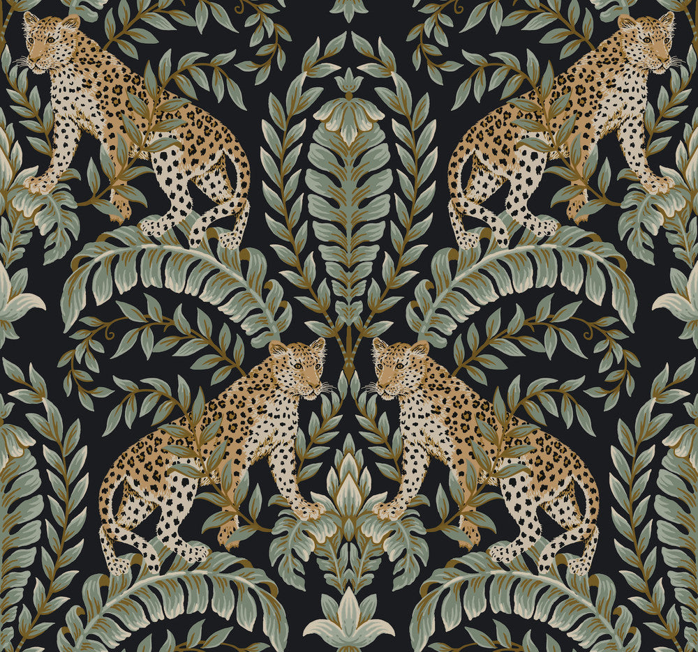 Jungle Leopard Black & Green Wallpaper by Ronald Redding 24 Karat Covers about 60.8 square feet 27-in by 27-ft long roll Unpasted 25.25 - Fabric Carolina -