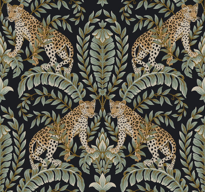 Jungle Leopard Black & Green Wallpaper by Ronald Redding 24 Karat Covers about 60.8 square feet 27-in by 27-ft long roll Unpasted 25.25 - Fabric Carolina -